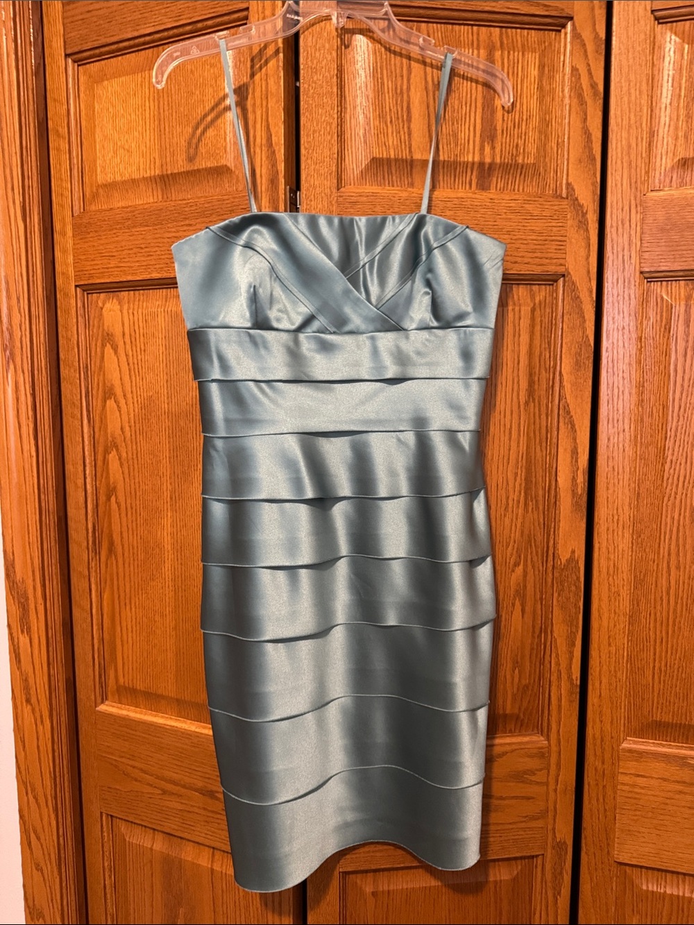 Max & Cleo Steel Blue Satin Midi Sheath Dress